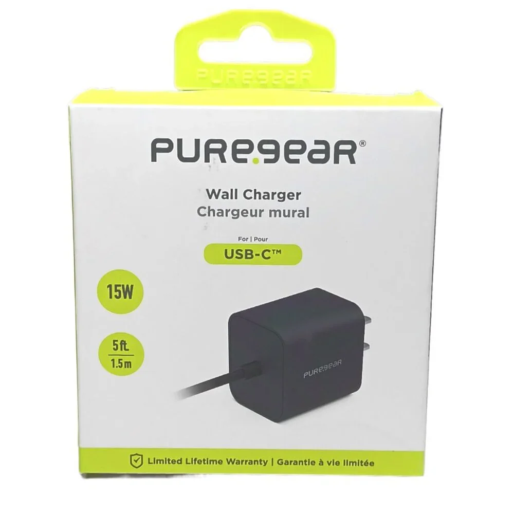 PureGear USB-C Wall Charger Black 15W/3A Compact Portable Folding Prongs Charger